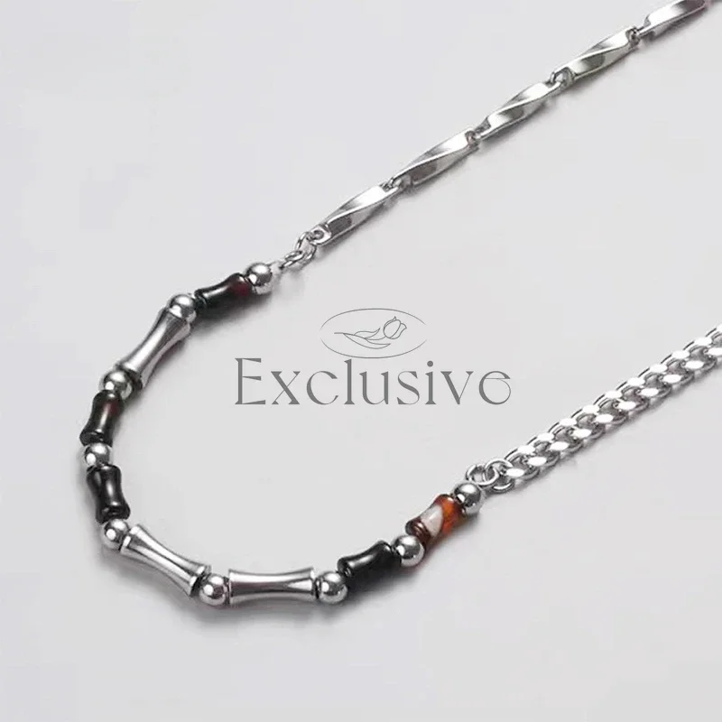New titanium steel trendy bamboo agate splicing chain men's retro versatile collarbone chain