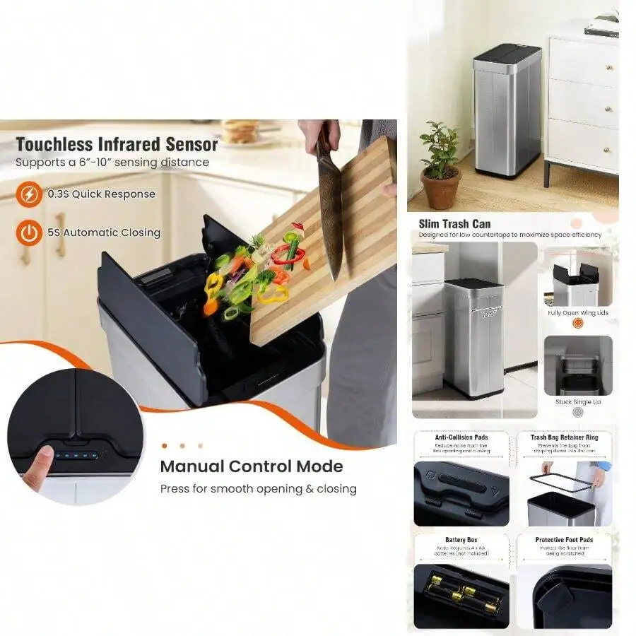 

16 Gallon Stainless Steel Slim Automatic Touchless Trash Can With Infrared Sensor And Wing Open Lid
