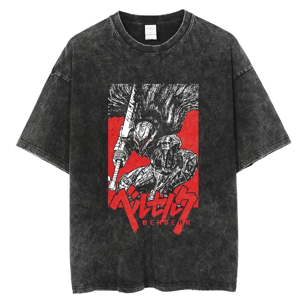 Berserk Print T-Shirt Men Vintage Washed Cotton Anime Guts Graphic T shirt Hiphop Streetwear Tees Summer Casual Berserk Clothes