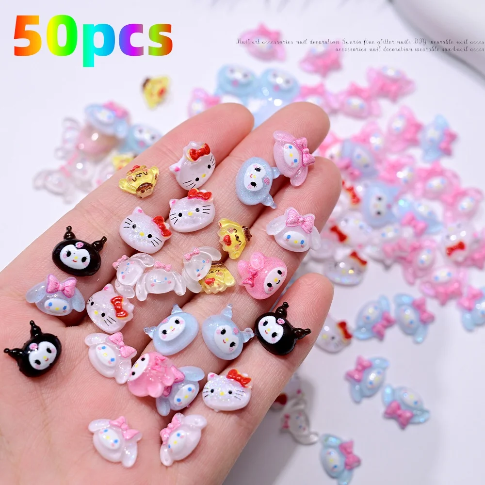 50Pcs Sanrio Cute Cartoon Nail Charm Hello Kitty Kuromi My Melody Y2K Nail Rhinestone Ornament Manicure Anime Toy Gift for Girls