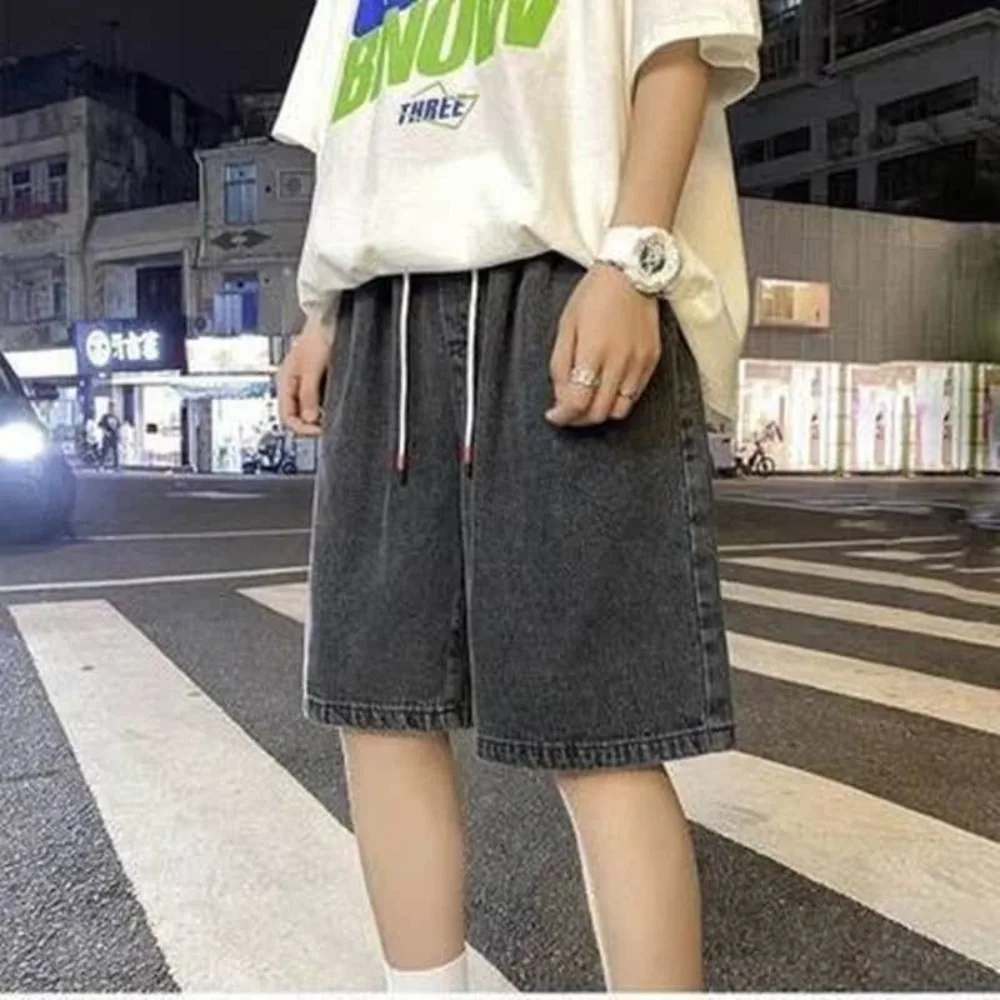 Cozy Drawstring Denim Shorts Men Loose High Waist Baggy Short Jeans Trousers Wide Leg Denim Knee Length Pants College