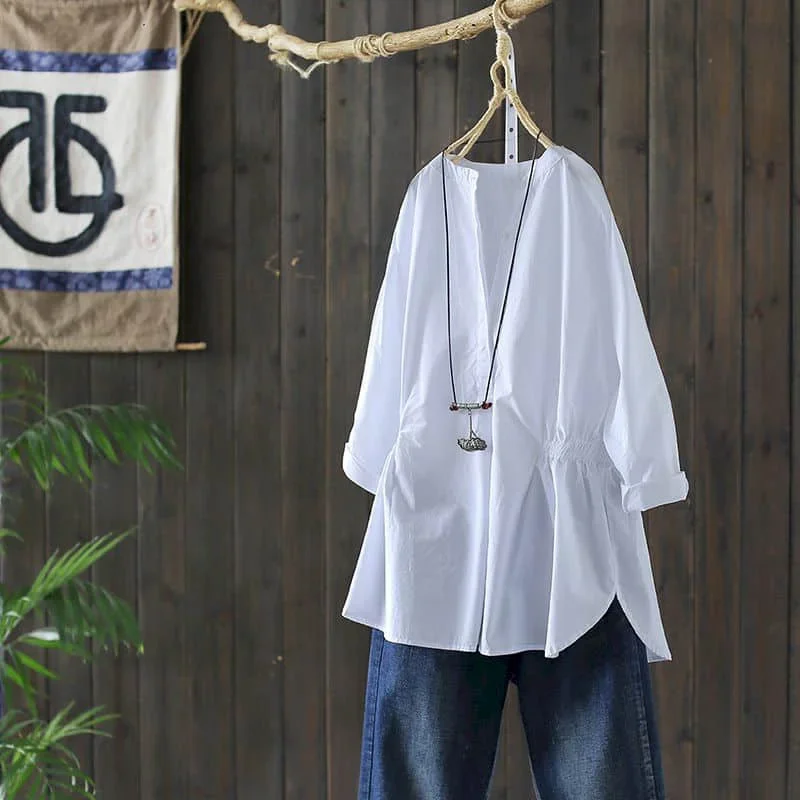 

Solid Shirts for Women O-neck Vintage Loose Long Sleeve Casual Korean Fashion Raglan Sleeve One-piece Waisted Blouse Women Tops