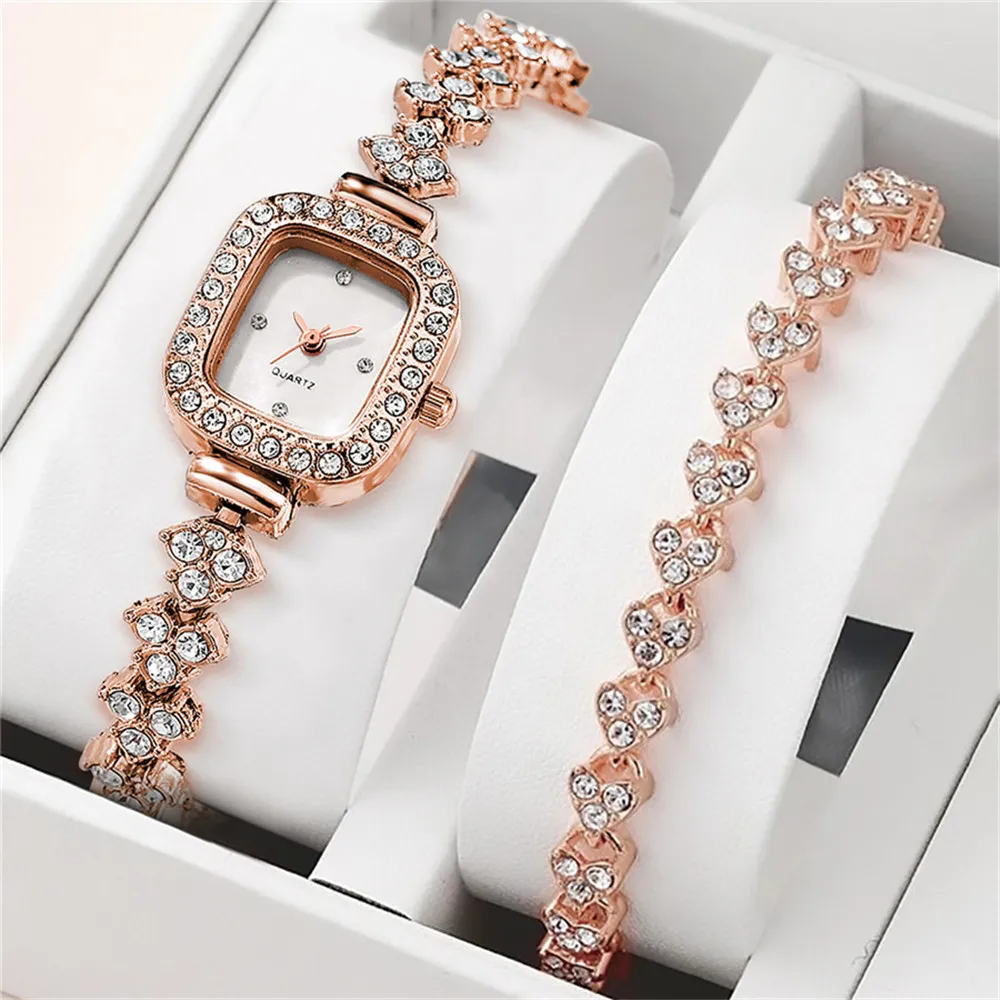 2piece set Ladies Luxury Diamond Set Square Shell Face Quartz Watch Fashion Stainless Steel Bracelet Women\'s Clock Watches