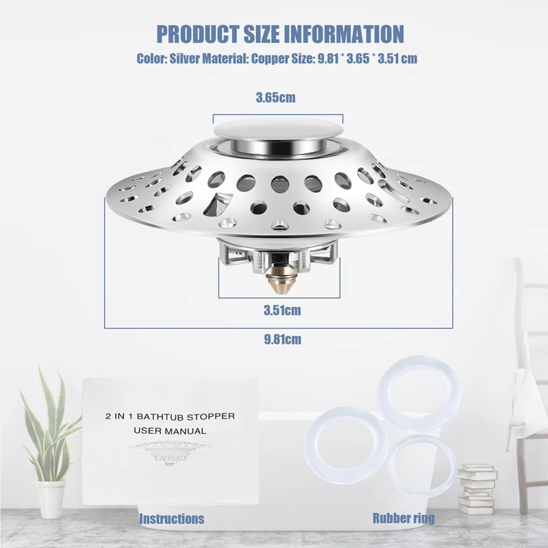 TKOH-2 In 1 Bathtub Stopper With Drain Hair Catcher, Anti-Clogging Tub Stopper With Dual Filtration, For 1.4-2.0In Drain Hole