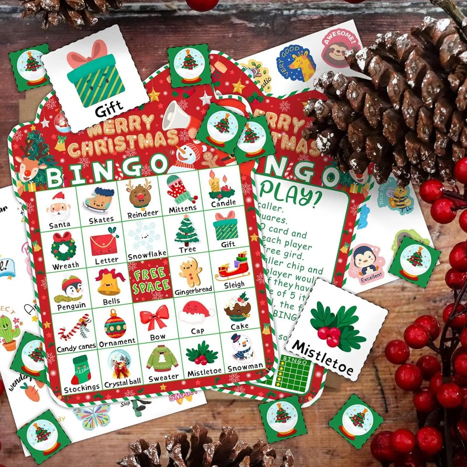 Christmas Bingo Game 24 Cards Set for Holiday Parties, Classroom Activities, Travel Fun | Kids Interactive Christmas Party Games