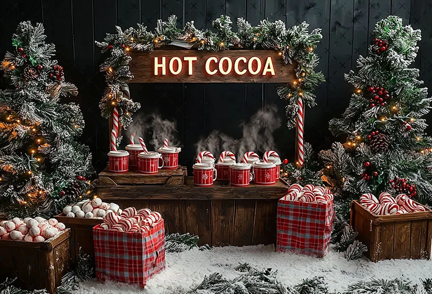 Mehofond Sfondo fotografico Natale Cacao caldo Canna di zucchero Regali Albero di Natale Bambini Ritratto di famiglia Decor Sfondo Studio fotografico