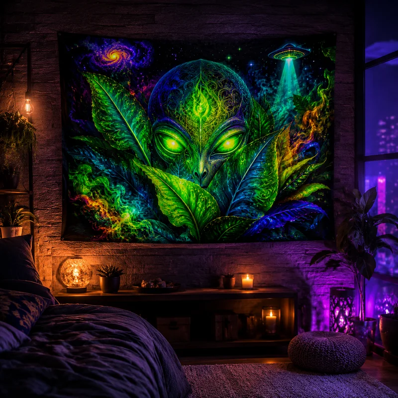 Vikama Psychedelic Alien Tapestry Sci-Fi Aesthetic Vikama Psychedelic Laser-Eyed Alien Tapestry Fluorescent Green Alien Ufo