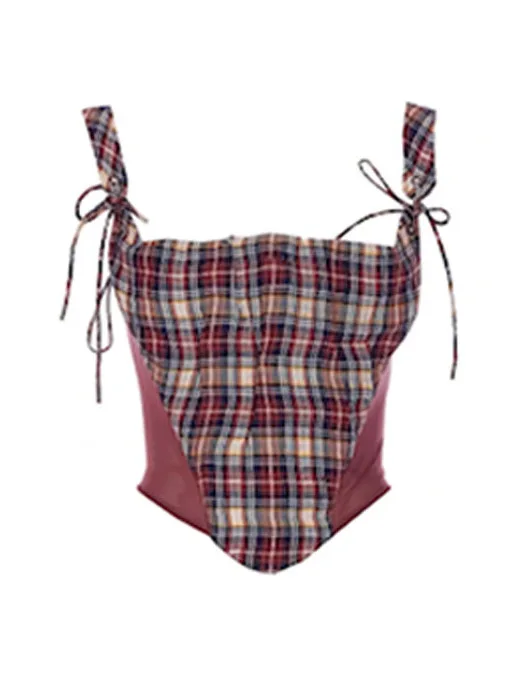 

Slimming Plaid Color Blo Belted Knot Tie Summer Csole Tank Top for Young Women Retro Sle Polyester Fiber