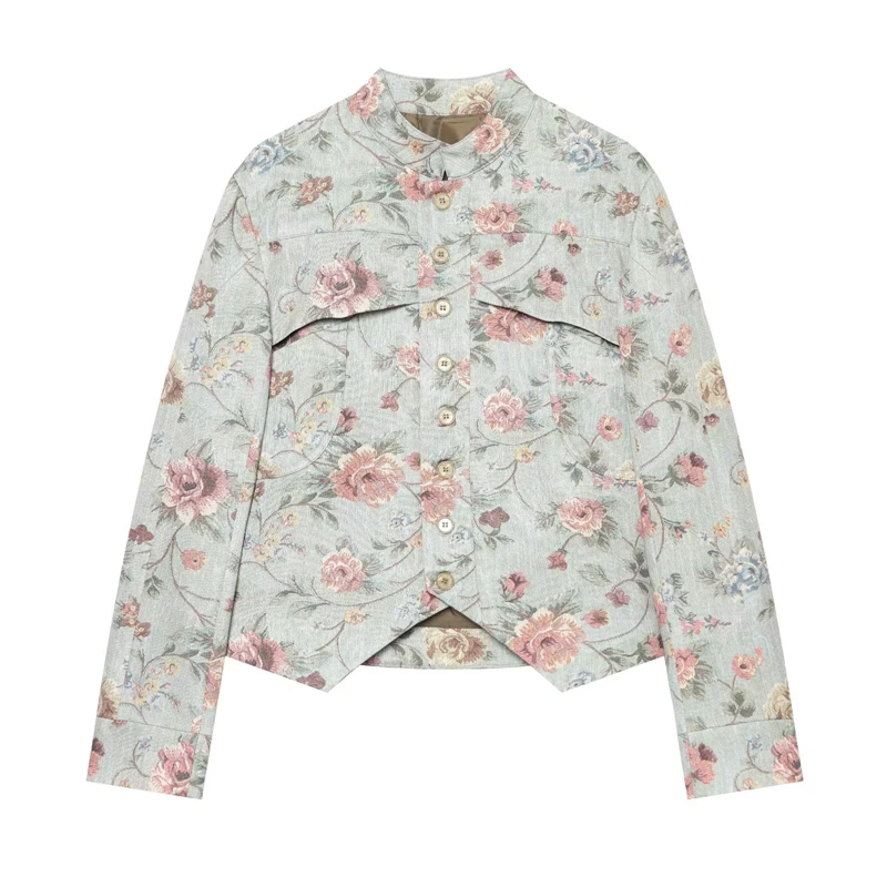 Women's Retro Floral Jacquard Short Jacket, Stand Collar, Single-Breasted, Vintage Floral Print, Slim Fit Short Coat