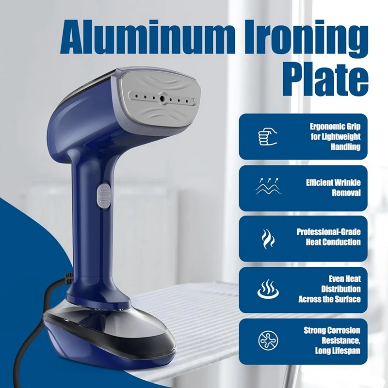 Мощный ручной отпариватель для ткани — 1800 Вт с быстрым нагревом пластины, глажка и средство для удаления морщин 2-в-1, прочная вилка стандарта США, синяя