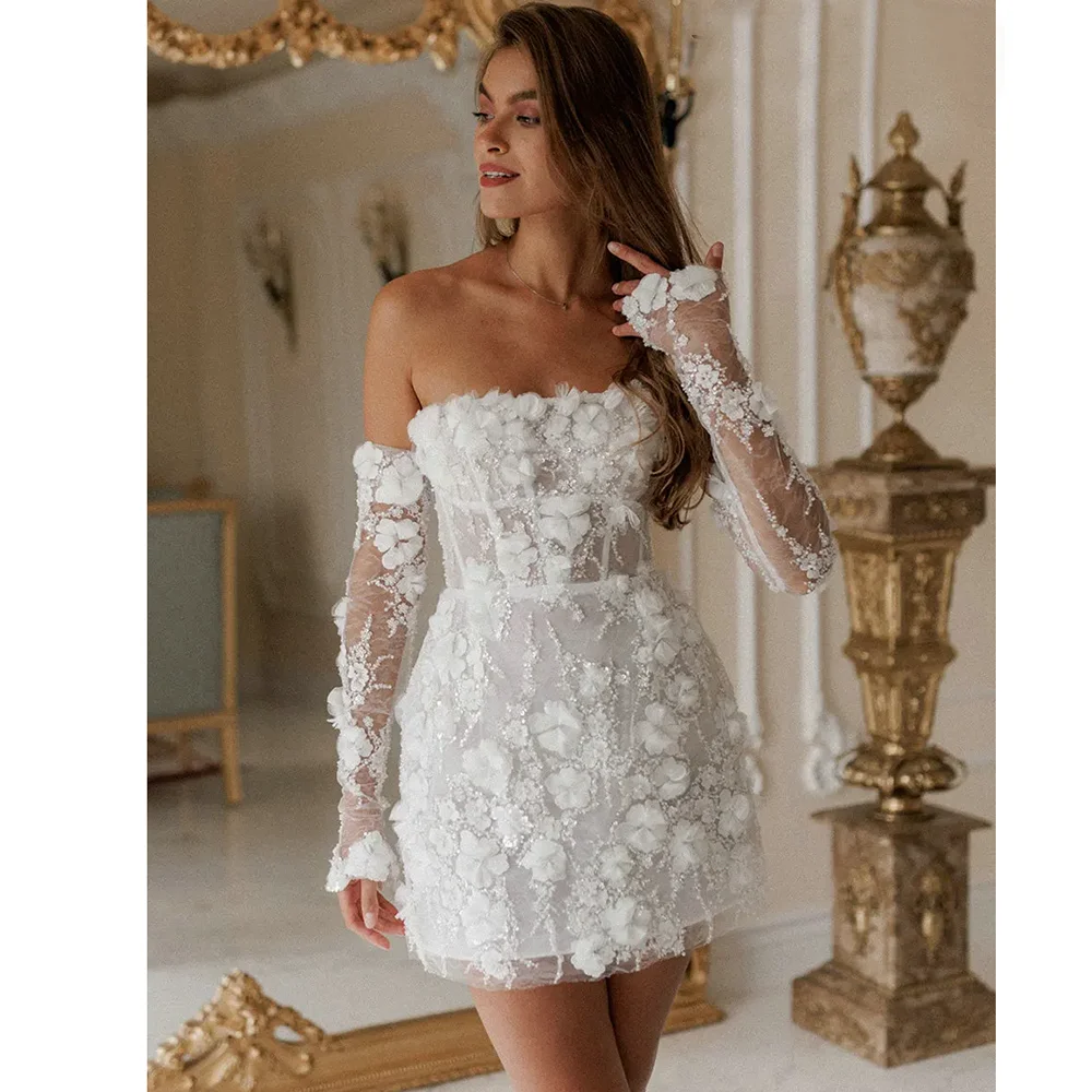 Robes de mariée courtes perlées personnalisées, poignées de luxe, manches amovibles, fleurs 3D, pays Boho, patients, quelle que soit la mini robe de soirée de Rh, 2025