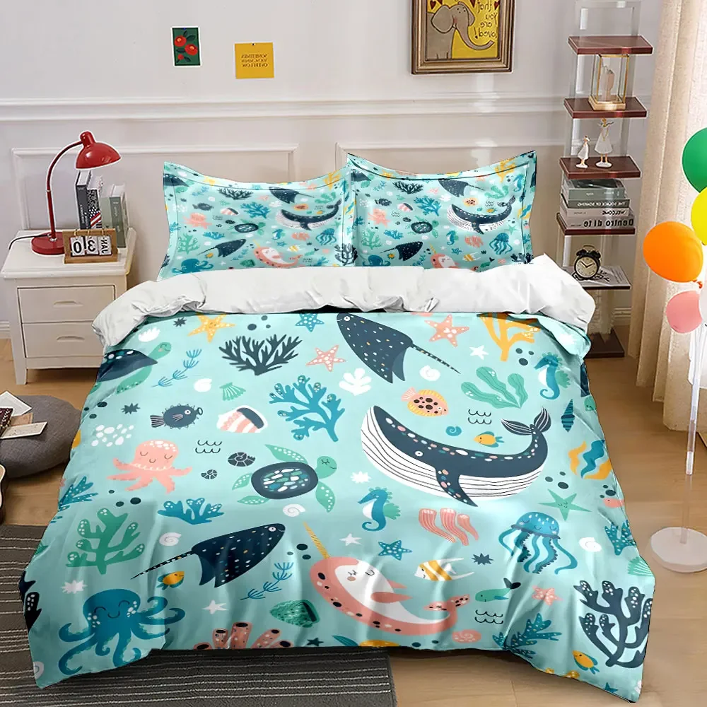 Ocean Animals Themed Bedding Set Multiple sizes kid's and adults' bedroom Exquisite 3PC bedding set, gift