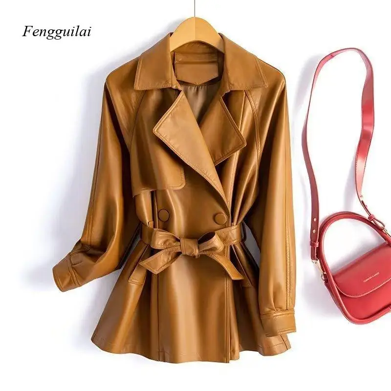 

Женский тренч из искусственной кожи с поясом, двубортный, с отложным воротником, средней длины, в стиле ретро 90-х, для осени и зимы