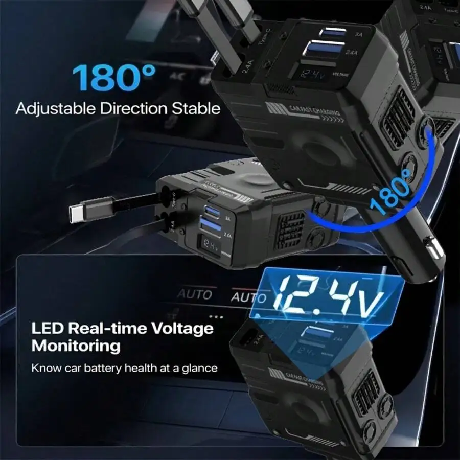 

120W 4-Port Car Charger Featuring Auto-Retractable Cable, Real-Time LED Voltage Monitor, And 180° Adjustable Magnetic Mount For
