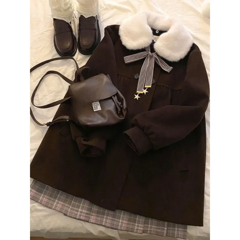 Japanese Retro College Style Design Doll Collar Long Sleeved Solid Woolen Jacket Vintage Elegant Button Loose Autumn/winter Coat