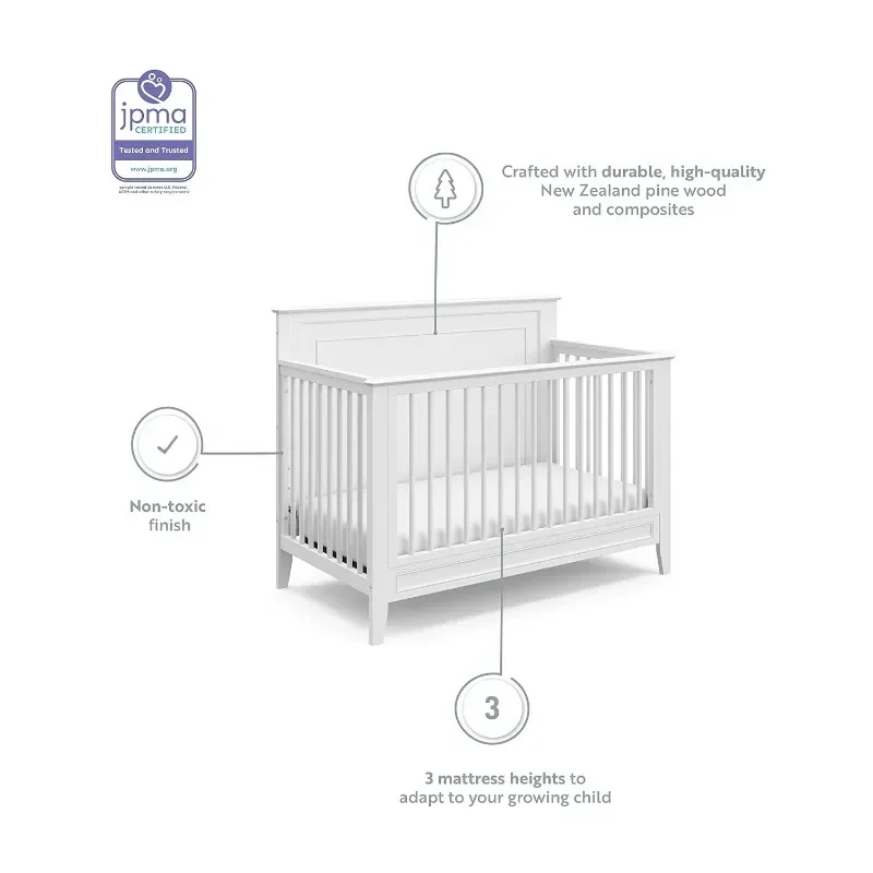 La cuna convertible Storkcraft Solstice 5 en 1 se convierte en la cama de niño y la cama de tamaño completo se adapta al colchón de cuna estándar de tamaño completo