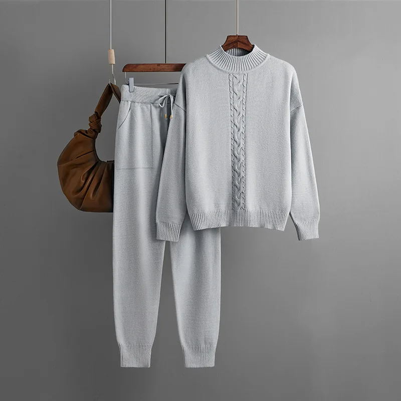 Winter Women\'s Knitted Suit Warm Pant 2 Piece Sets Women Outfit Trouser Oversized Casual Sweaters Jogging Knitwear Tracksuit