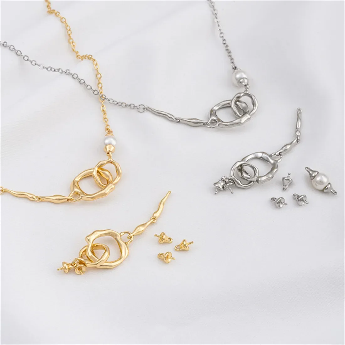 

14K Gold-plated Double-ring Necklace Connector Pendant Diy Pearl Two-end Bead Holder Accessories Hand-string Chain Material