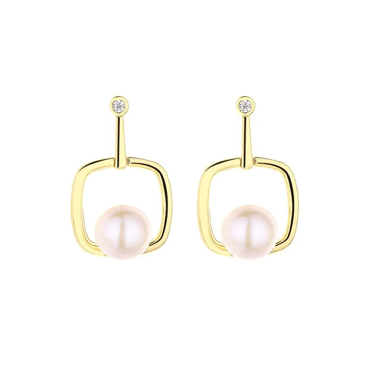 

EZ-11 ZFSILVER S925 Silver Korean Fashion Luxury Gold Square 5A Round Freshwater Pearl Earrings Jewelry Women Match-all Gifts