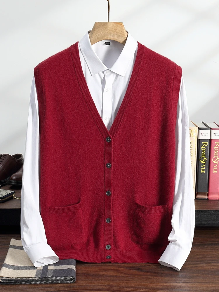 Men's Cashmere Cardigan Vest Autumn Winter V-neck Sweater Basic Sleeveless 100% Cashmere Knitwear Pockets Smart Casual Waistcoat