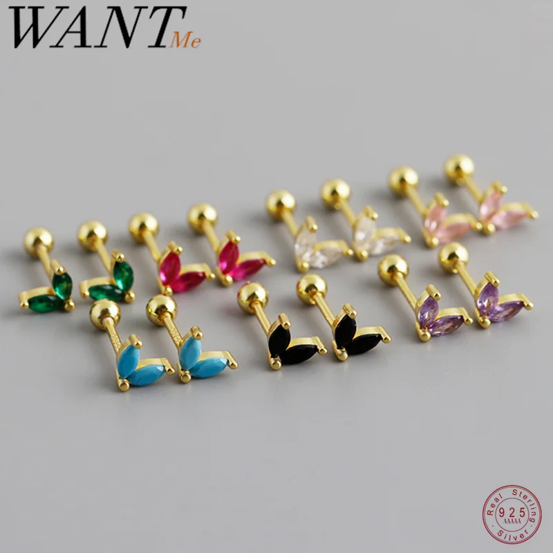 WANTME 925 Sterling Silver Fashion Simple Color Leaf Screw Bead Stud Earrings for Women Elegant Chic Ear Bone Piercing Jewelry