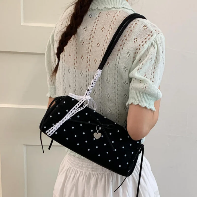 

Сумка на плечо с кружевной отделкой и бантом, популярная корейская сумка в горошек, милая элегантная сумка-багет, вместительная сумка на молнии для ежедневных поездок