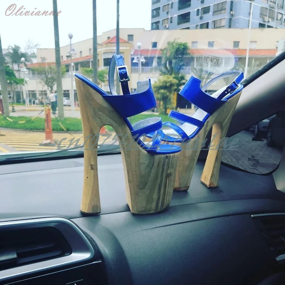 

Deep Blue Shiny Leather Elegant Sandals Slingback Chunky High Heel Sexy Party Fashion Women Shoes 2025 Summer New Para Mujere