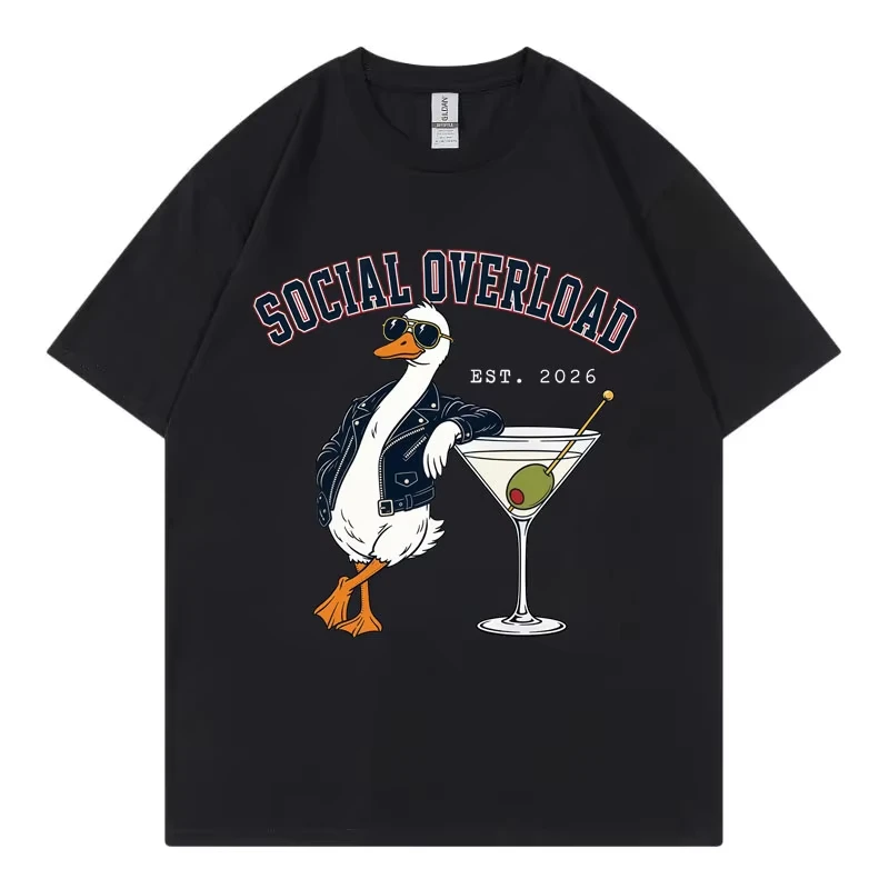 Social Overload Funny Goose Meme T-shirts High Street Fashion Trend Short Sleeve T Shirt Men Women Casual Cotton Summer T-shirt