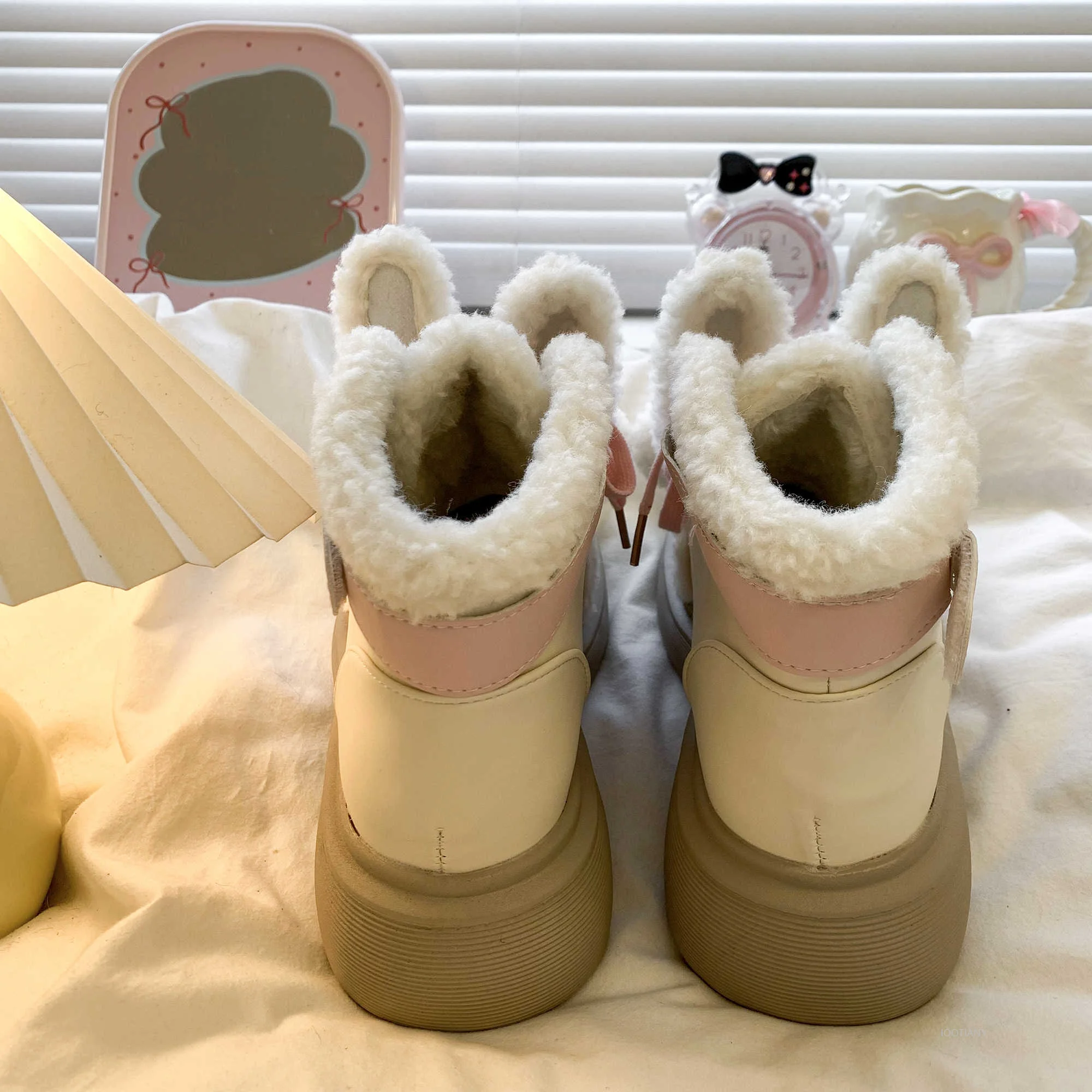 لوليتا على غرار الشتاء منتصف العجل الثلوج الأحذية ل تأثيري لطيف تلميذة القوس آذان أرنب أفخم الدافئة شقة وحيد أحذية بكعب سميك 2026 #2