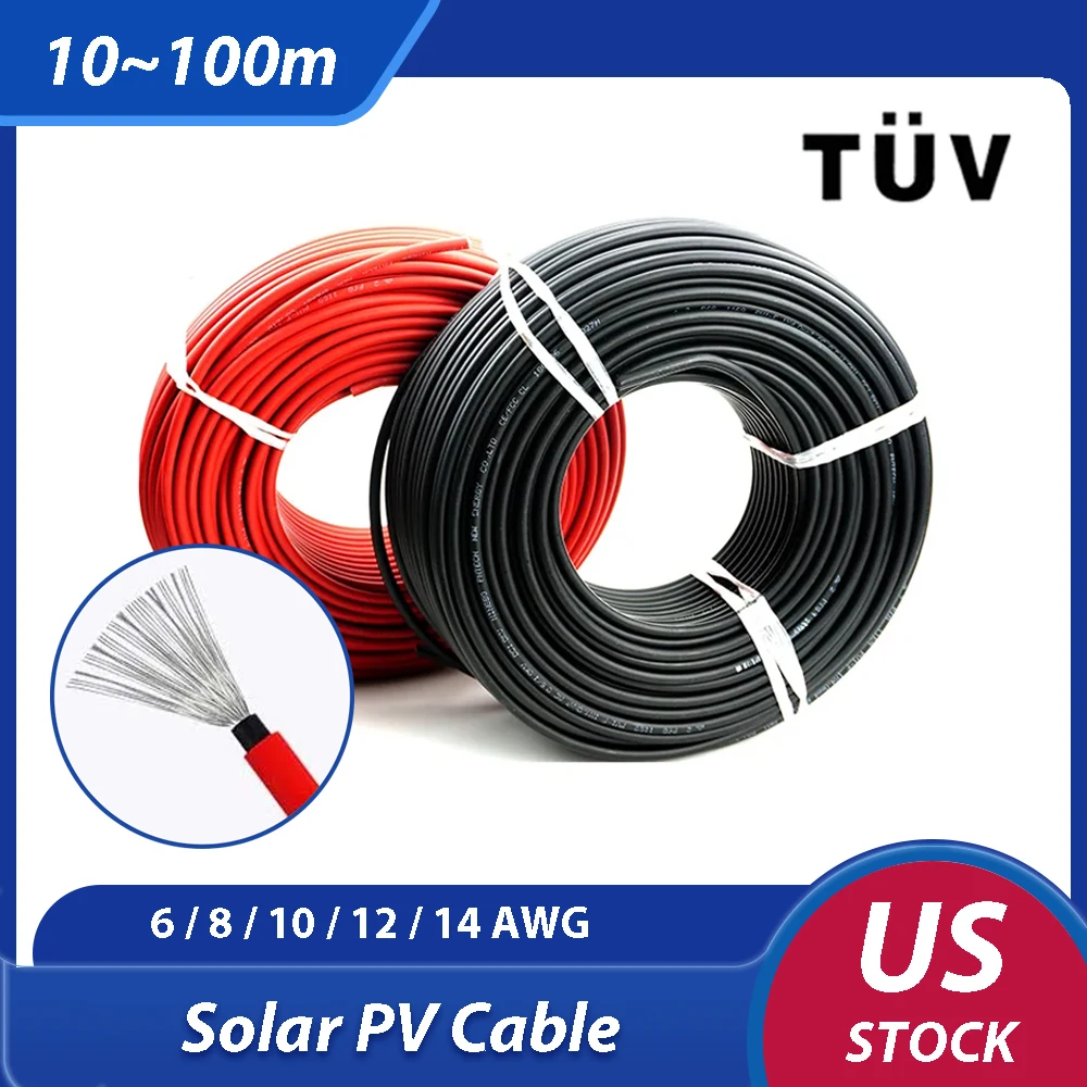 

Solar Power Cable 4 6 10 16mm2 TÜV TUV Photovoltaic PV Wire For Home RVs Boat PV Panels Connection 6 8 10 12AWG 10m 30m 50m 100m