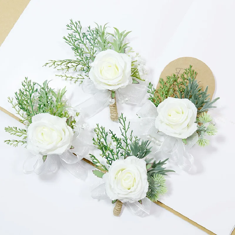 Boutonniereと手首のコルサグ、結婚式用品、宴会のゲストのシミュレートされた花、花嫁の白いバラのシリーズ456