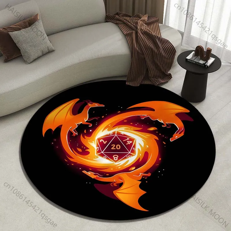 Fiery dragons encircle a 20-sided die Printed round carpet living room sofa table large pet mat soft round carpet home decor