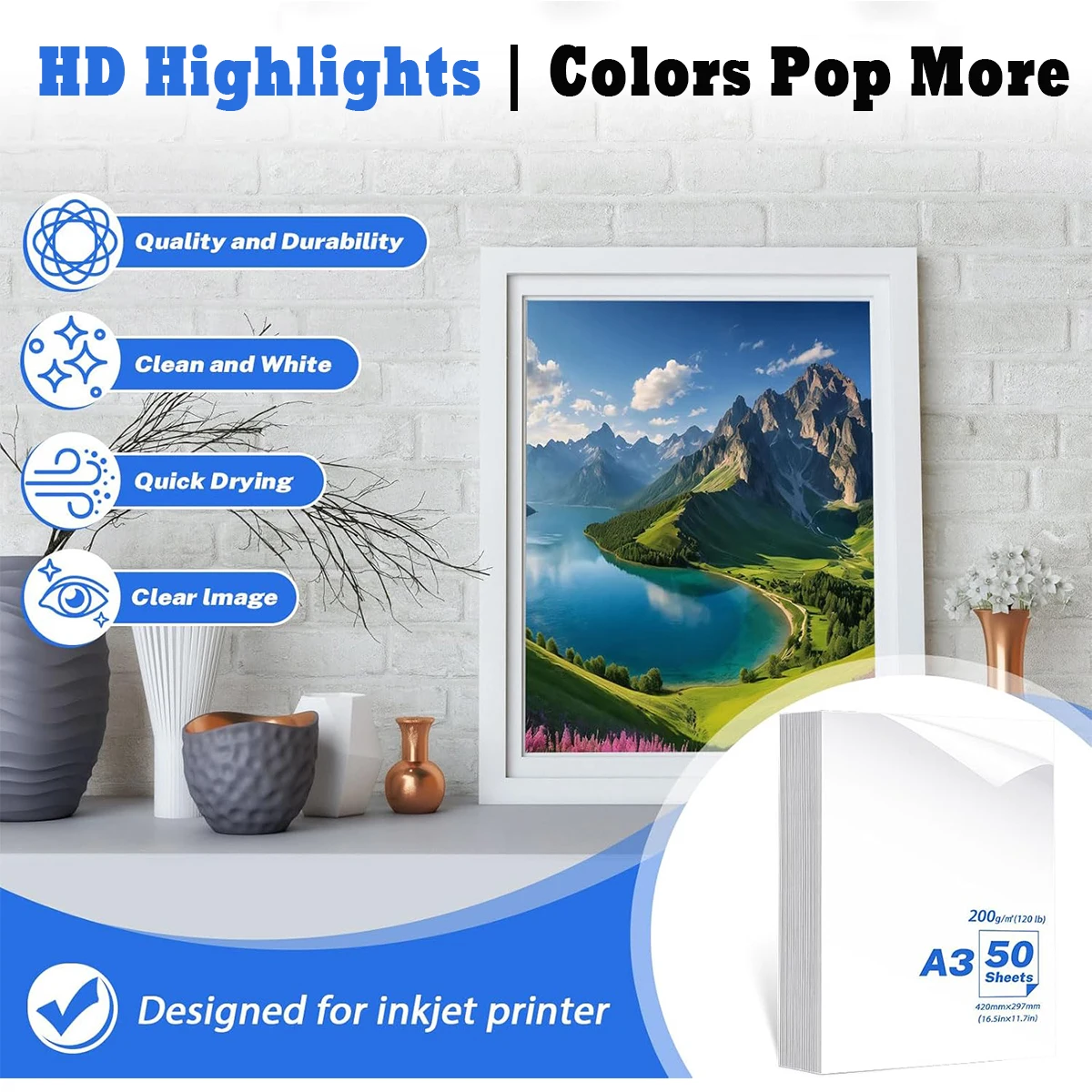 A3 Fotopapier, 230g Weißes Glänzendes Fotopapier, Premium Fotopapier für den Druck von Bildern, Umschlägen und Broschüren mit einem Inkjet-Drucker.
