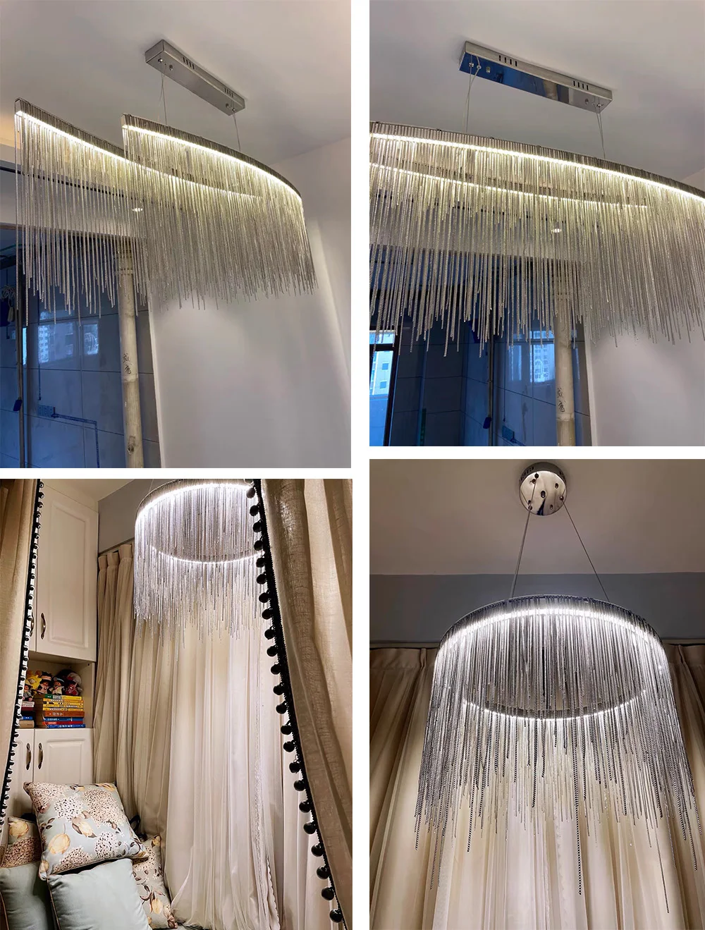 Modern Tassel Round Chandelier Lighting LED Aluminum Chain Linear Pendant Hanging Lamp Home Decor Lamp for Dining Room Bedroom