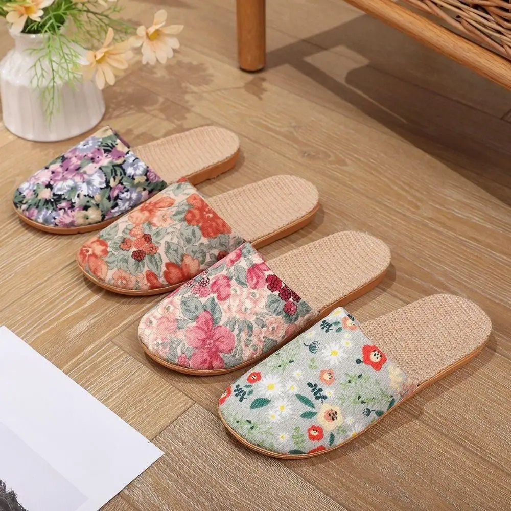 

Fashion Sweet Linen Slippers Women Soft Flower Closed Toe Slippers Shoes Silent Soles Flat Slippers Ladies