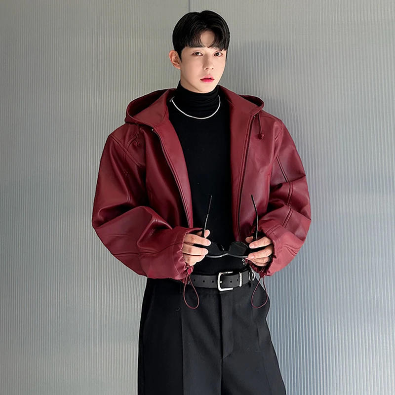 LUZHEN Elastic Hem Hooded Short Leather Jacket Elegance Luxury High Quality Motorcycle Solid Color Male Versatile Coats LZ6325