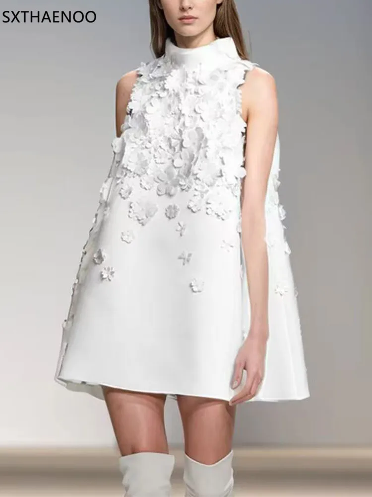 

SXTHAENOO Summer Women'S 3D Flower Diamond White Mini Dress Sexy Stand Up Collar Sleeveless Loose Celebrity Party A-Line Dres