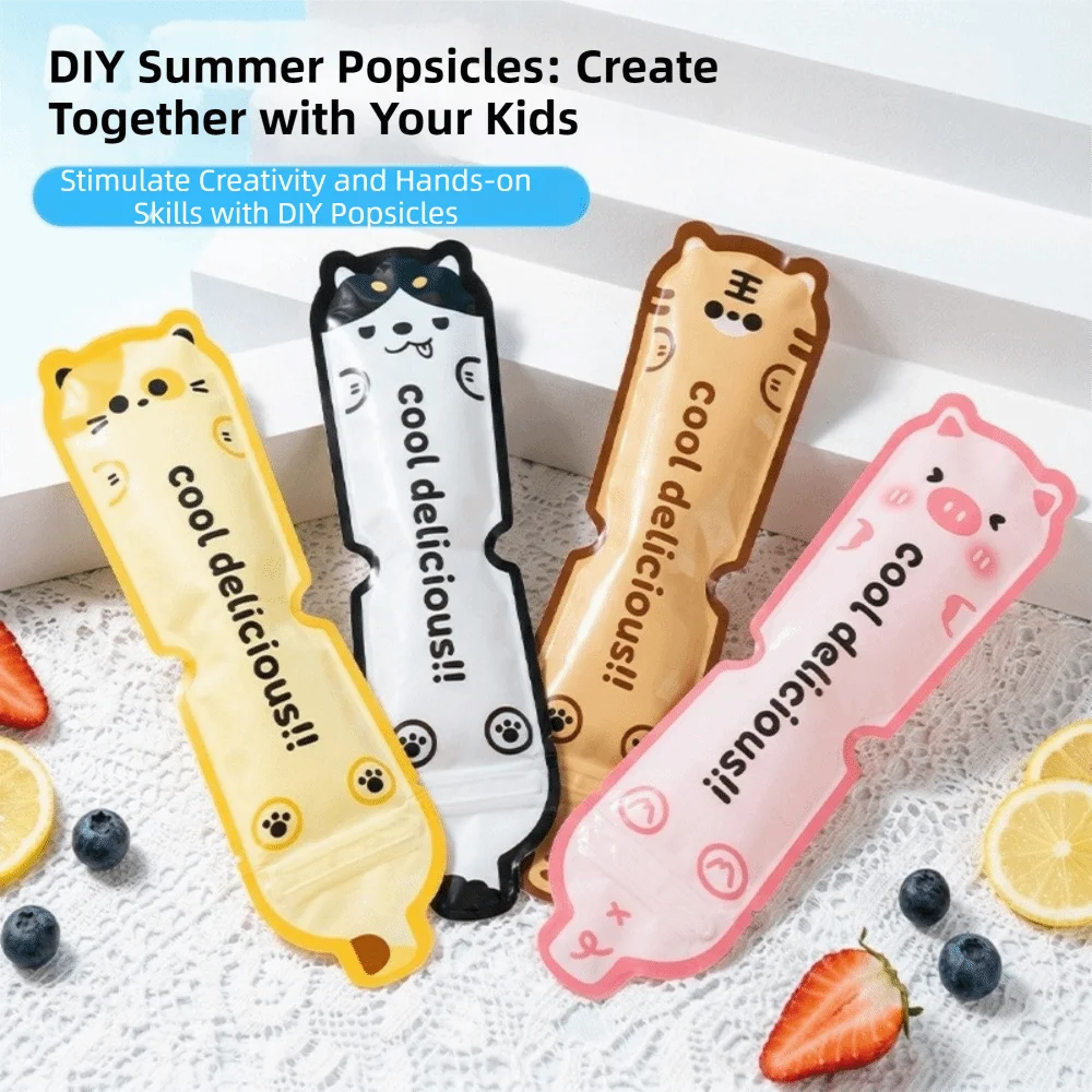 20pcs Self-sealing Disposable Ice Making Bags Leak-Proof Food-Grade Ice Pop Bags Cartoon Animal Pattern Ice Lolly Molds