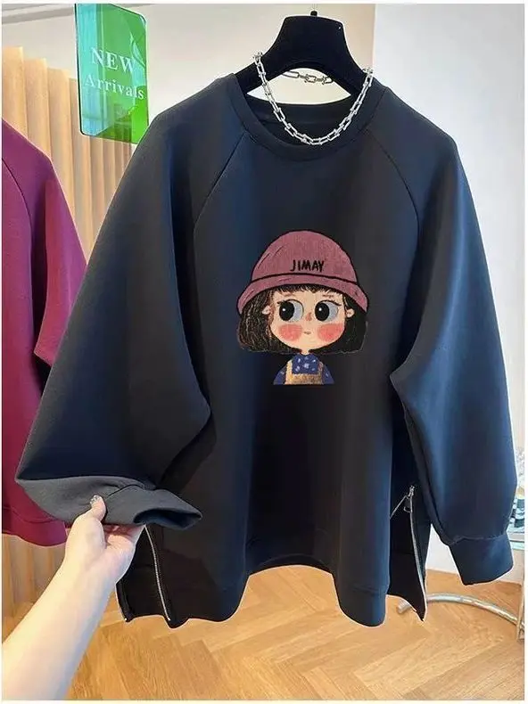 plus Size 300 Pou Korean Cartoon Print round Ne Sweatirt Women Loose Mid-Length Casual Top Comfortable Loose Fit Hoodie