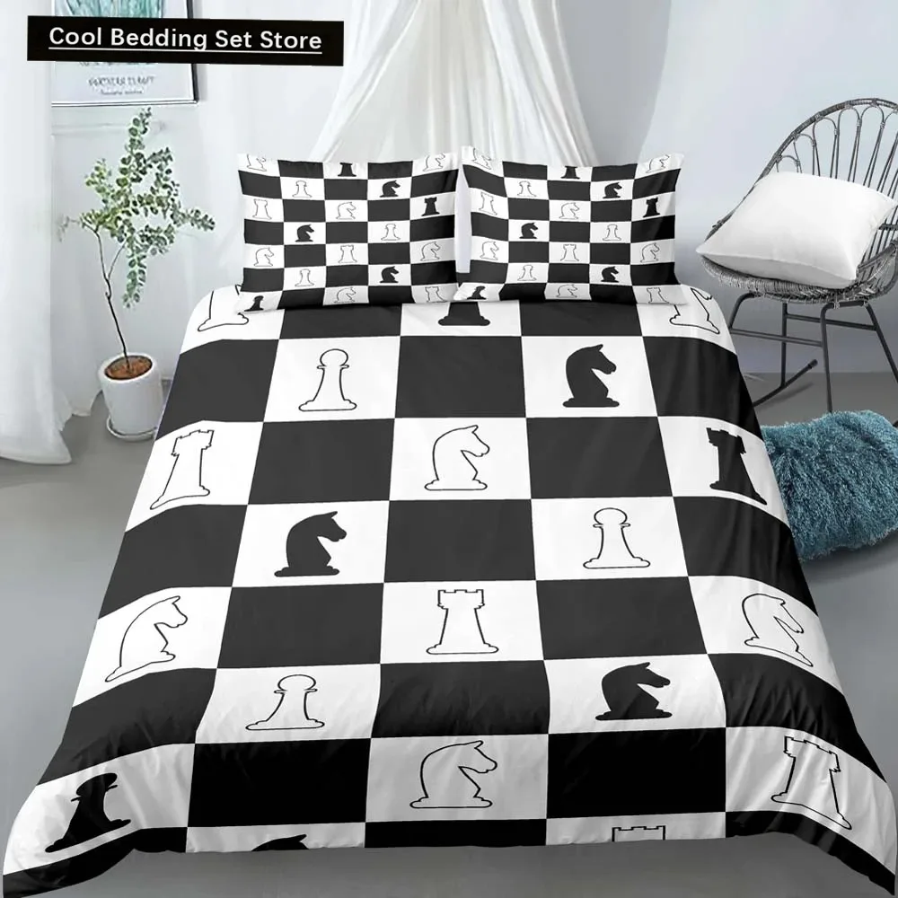 International Chess King Queen Duvet Cover Chess Board Bedding Set Black White Grid Quilt Cover Plaid Polyester Comforter Cover