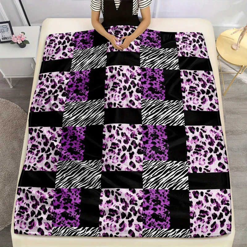 Newest Blanket Purple Leopard Zebra Checkered Patchwork Print Flannel Blanket Modern Fashion Soft Warm Throw Blanket