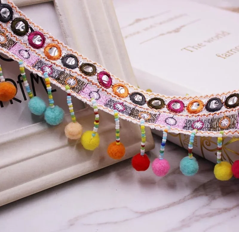 1 Yard/Los Ethnische Quasten-Stickerei-Spitzenborte Boho Handgefertigte Quastenborte für Kleidung, Accessoires, Stoff, Spitzenband, Borte – Detail 3