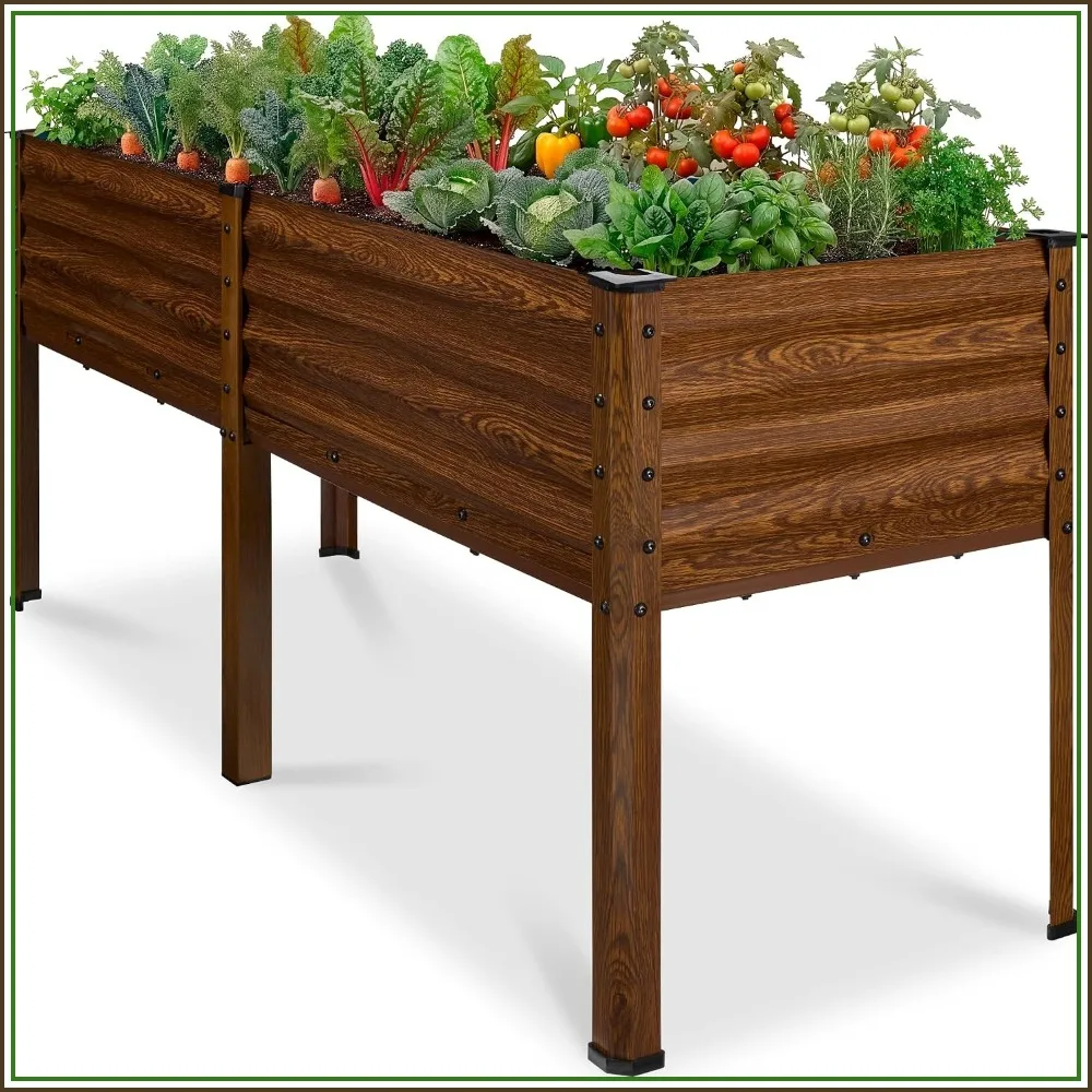 72x24x30in Galvanized Raised Garden Bed Metal Elevated Planter Box Wood Grain