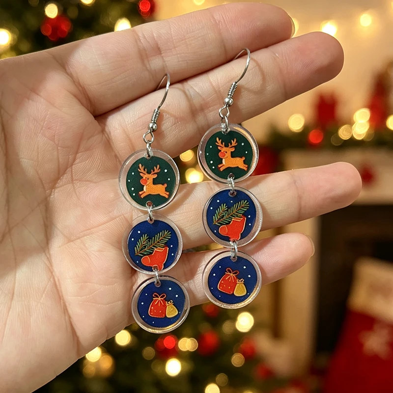New Christmas Earrings Santa Claus Reindeer Train Bell Gift Box Pattern Earrings Christmas Decoration Gift