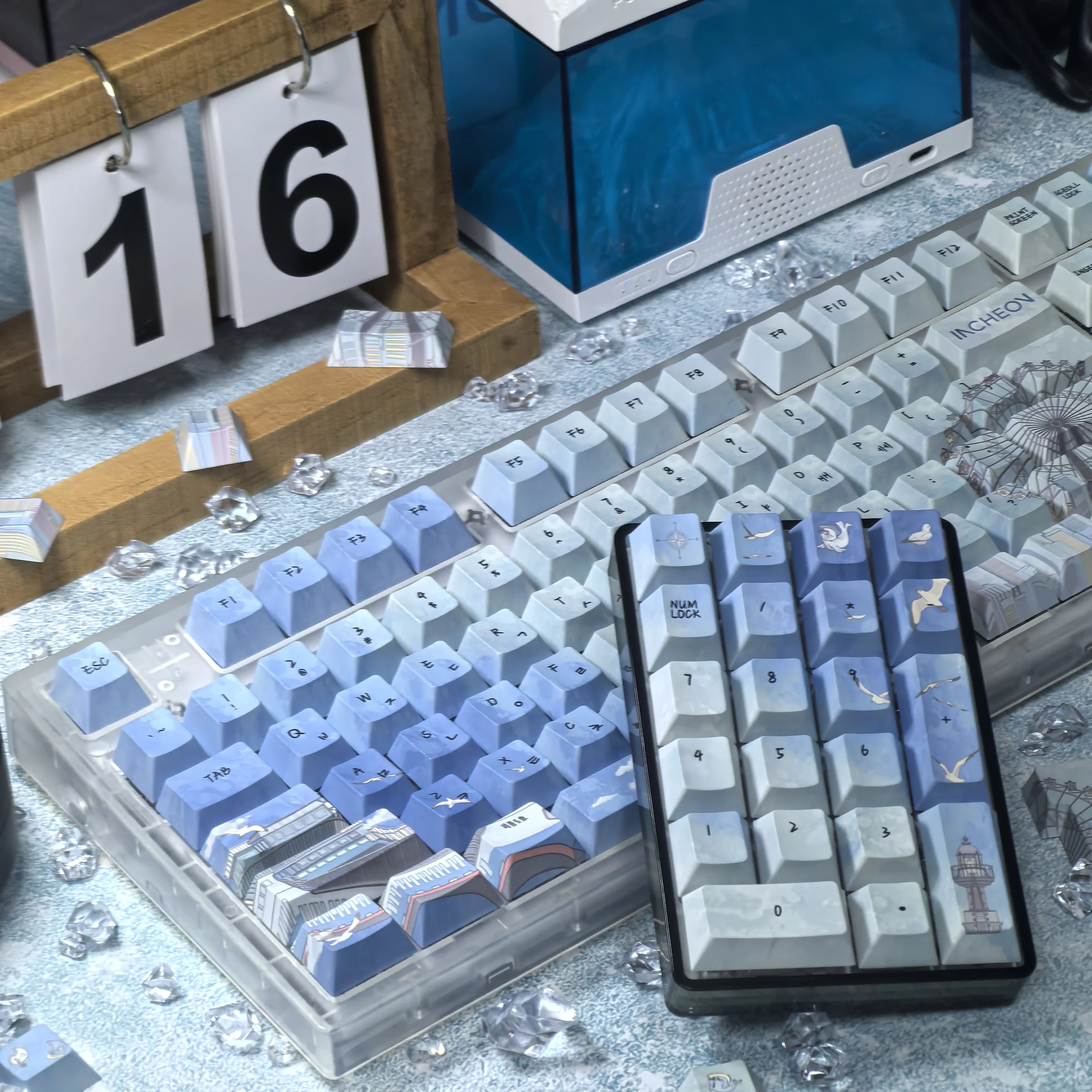 Wolmido Korean Keycaps Blue Turquoise Cherry Pbt Ferris Wheel Sea Train Lighthouse Seagull Hangul Keycap For Mechanical Keyboard