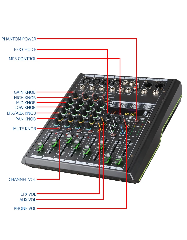 Mixer audio kartu suara 4 saluran, profesional dengan perekaman koneksi nirkabel