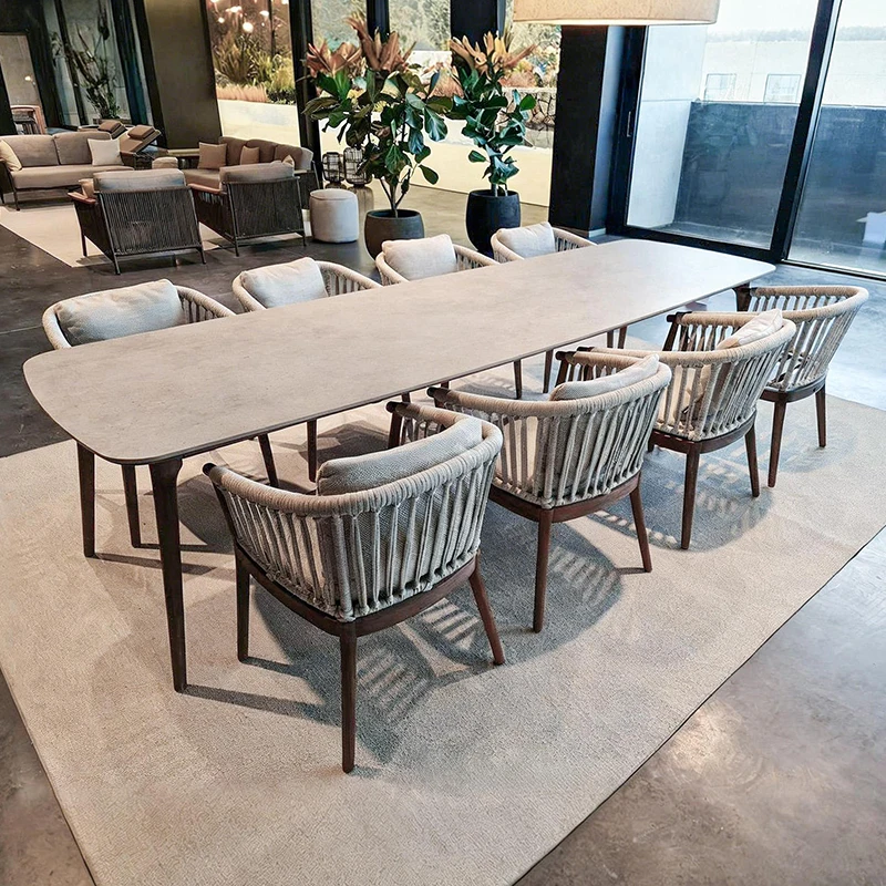 #Courtyard Garden Outdoor Teak Tables And Chairs Villa Patio Waterproof Wooden Furniture Resorts Restaurant Leisure Long Table