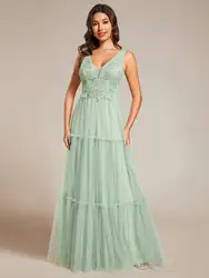 Elegant Evening Dresses Embroidery Deep V Neck Sleeveless 2024 Ever Pretty of Embroidery Chiffon Mint Green Bridesmaid Dress