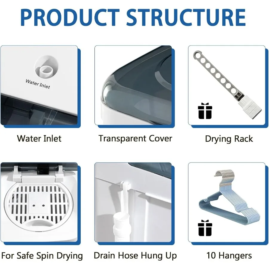 Mini machine à laver portative à double baignoire de 22 lb avec étendoir et 10 cintres, lave-linge de 13 lb, petite lave-linge Spinner de 9 lb avec
