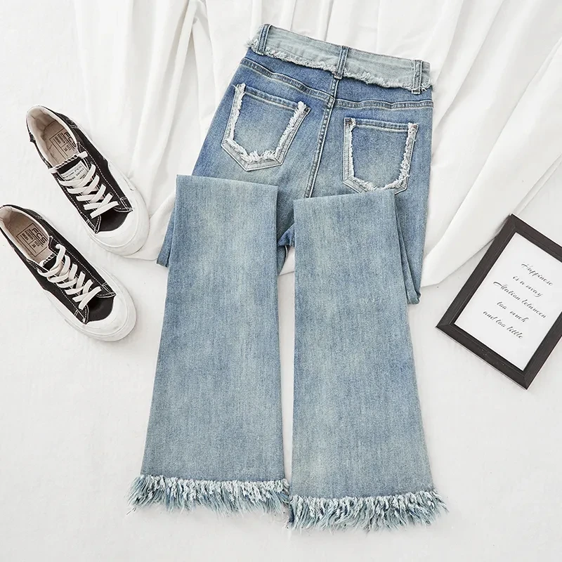 Streetwear Design Raw Edge Flare Jeans Women Korean Vintage Skinny Vaqueros Casual High Waist Stretch Denim Pants Bell-bottoms